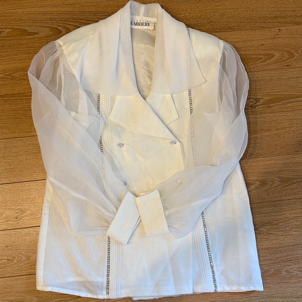 Vintage Femme White Sheer Sleeve Blazer Blouse